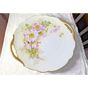 Antique Hand-Painted Porcelain Handled Cake Plate Pink Wild Roses Gold Trim Sign